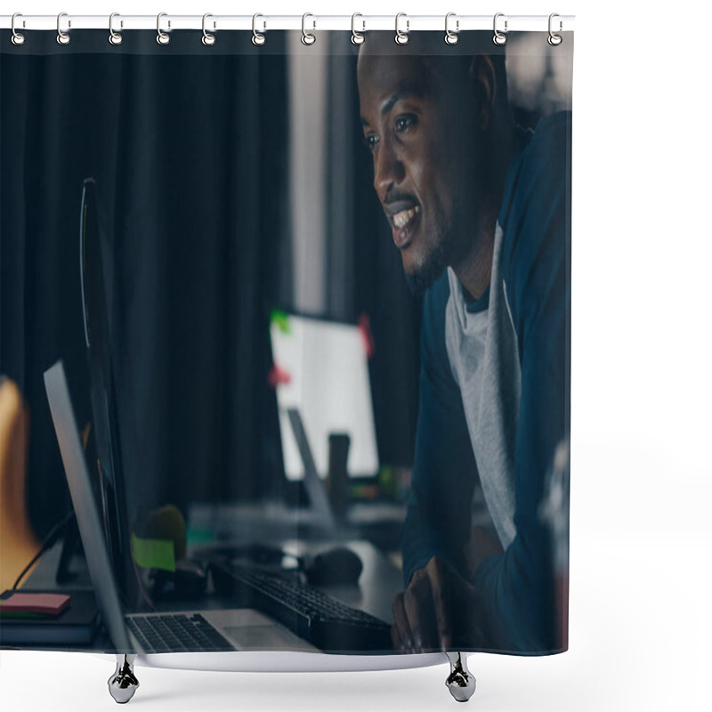 Personality  Young African American Programmer Smiling While Looking At Computer Monitor At Night In Office Shower Curtains