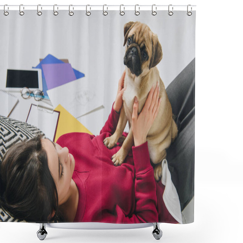 Personality  Pretty Lady Cuddling Pug On Floor Among Sketches Shower Curtains