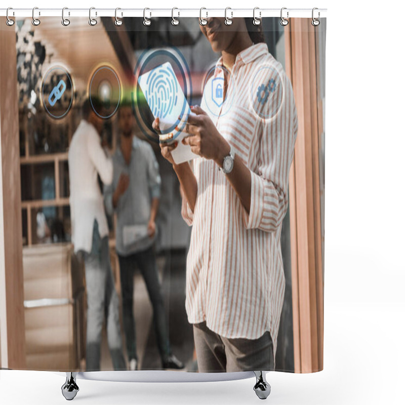 Personality  Cropped View Of African American Businesswoman Using Digital Tablet Near Multicultural Colleagues, Fingerprint Illustration Shower Curtains