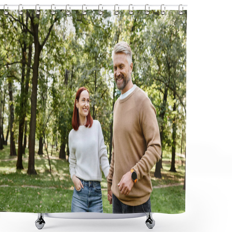 Personality  An Adult Loving Couple In Casual Attire Leisurely Walking Through A Park. Shower Curtains