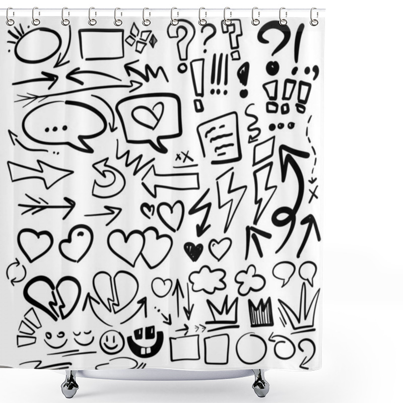 Personality  Hand-drawn Black And White Doodle Icons With Arrows, Hearts, Speech Bubbles, Question Marks Abstract Symbols For Digital Stickers, Graphic Design, Presentations, Web Icons Isolated On White Background Shower Curtains