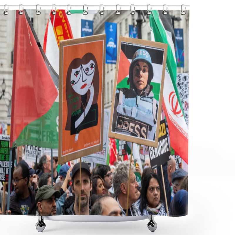 Personality  London, UK. 18 May 2024: Protesters Hold Placards At The Nakba 76 March For Palestine Against Israeli Attacks On Gaza In Central London, UK.  Shower Curtains