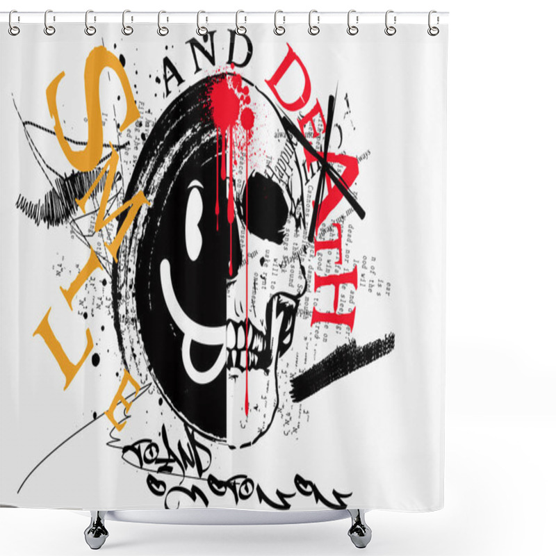 Personality  Typography Street Art Graffiti With Spray Splash Effect,  Urban Graffiti Street Art Style Slogan, Melted And Skull Happy Emoji Illustration In Street Style Shower Curtains