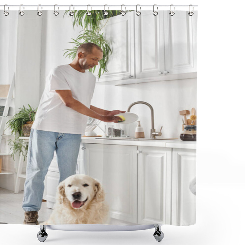 Personality  An African American Man Standing In A Kitchen Next To His Labrador Dog. Shower Curtains