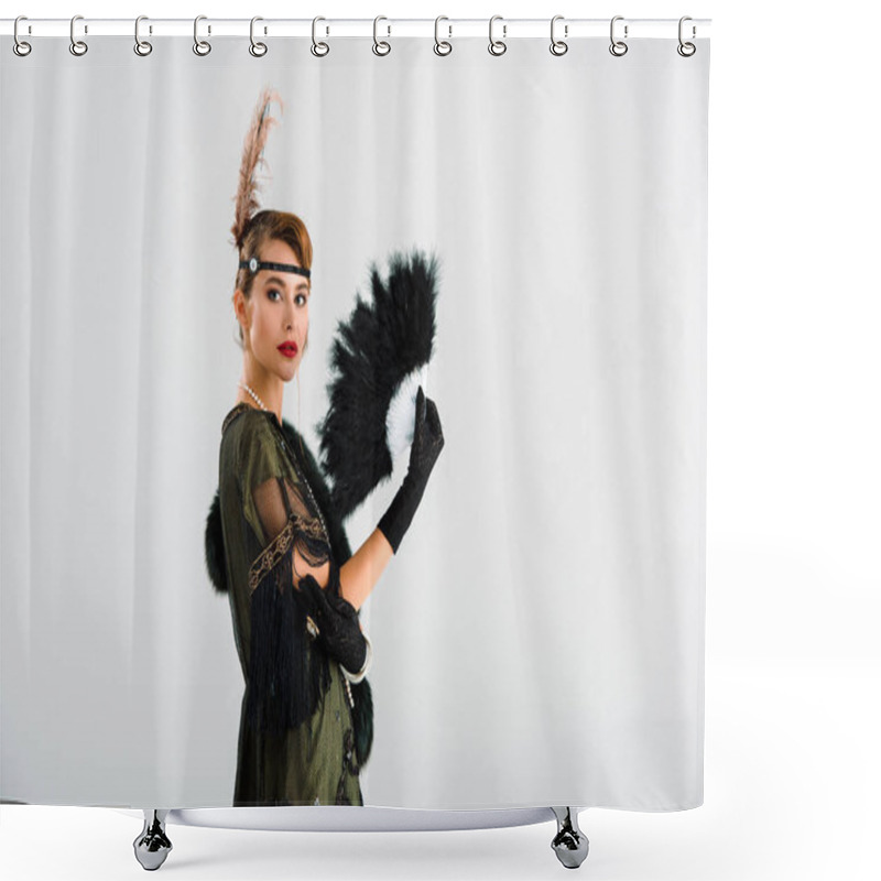 Personality  Aristocratic Woman Holding Black Feather Fan Isolated On Grey  Shower Curtains