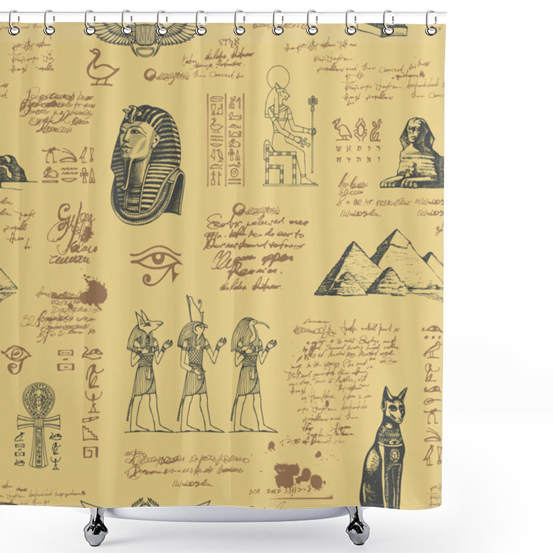 Personality  Vector Seamless Pattern On The Ancient Egypt Theme With Unreadable Notes And Hand-drawn Images In Retro Style On The Old Paper Background. Can Be Used For Wallpaper, Wrapping Paper, Fabric. Shower Curtains