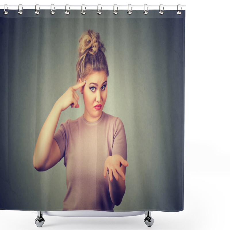 Personality  Angry Mad Young Woman Gesturing With Her Finger Against Temple Asking Are You Crazy? Shower Curtains