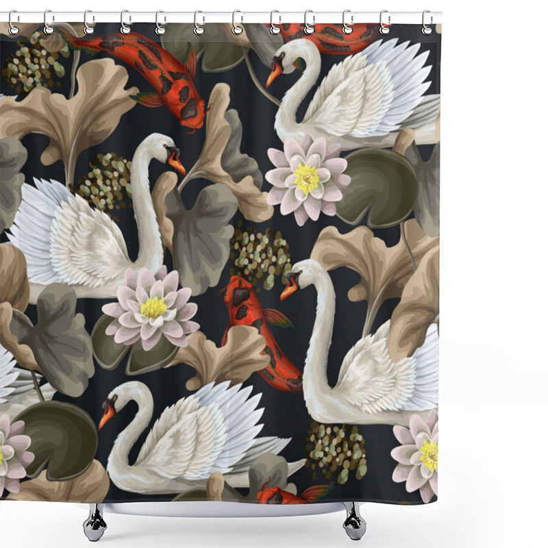 Personality  Seamless Pattern With White Swan And Koi Fishes. Vector Shower Curtains