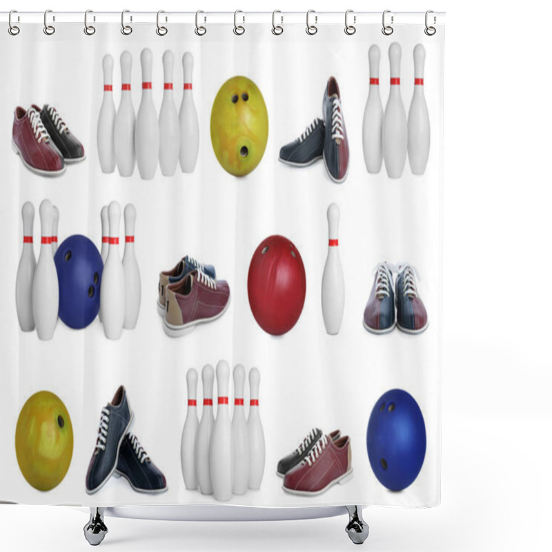 Personality  Set Of Bowling Balls, Pins And Shoes On White Background Shower Curtains