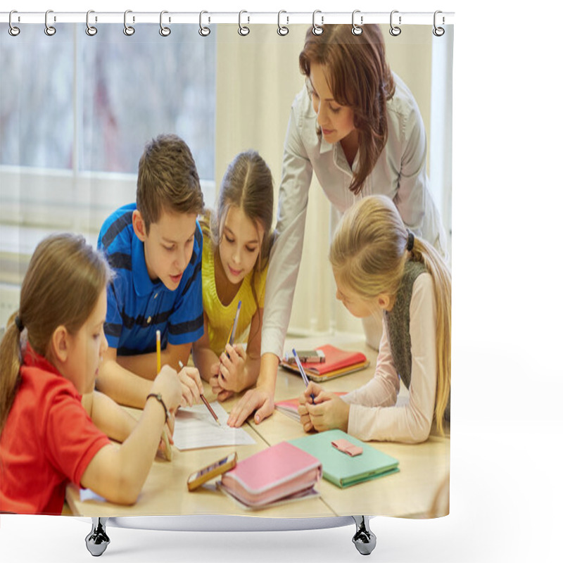 Personality  Group Of School Kids Writing Test In Classroom Shower Curtains