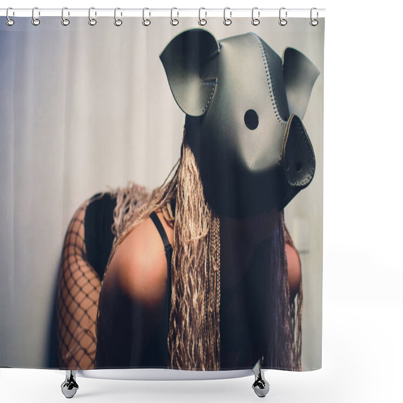 Personality  Swine Mascot Costume Dance Striptease Woman In Black Leather Pig Mask. Shower Curtains