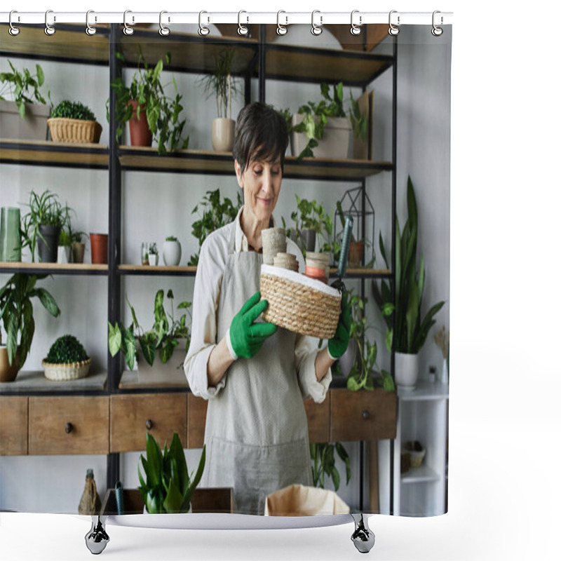 Personality  A Mature Woman Nurturing Her Plants While Enjoying Her Creative Gardening Space. Shower Curtains