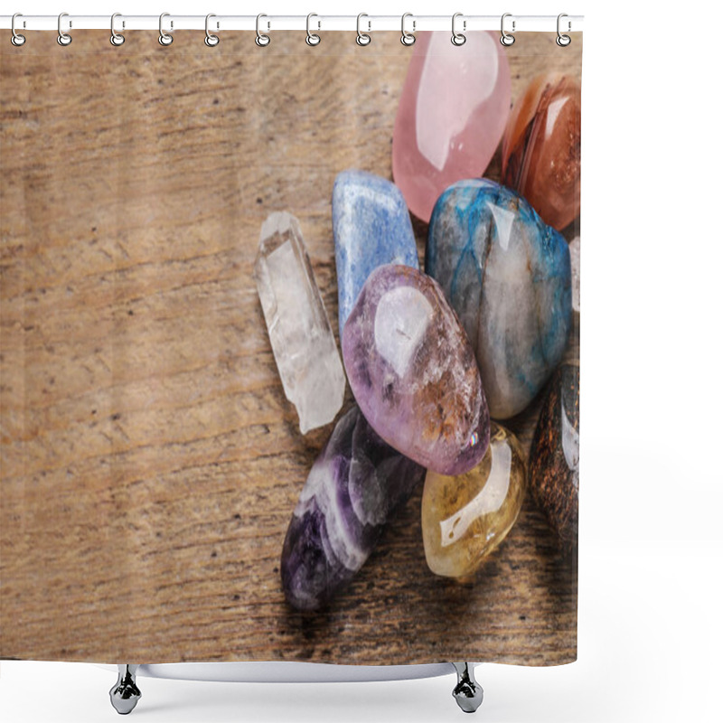 Personality  Flat Lay Composition With Different Gemstones On Wooden Table, Space For Text Shower Curtains