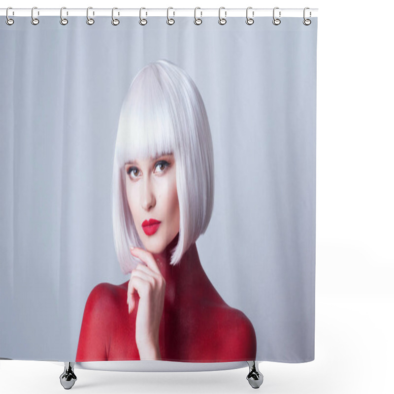 Personality  Portrait Of Young Beautiful Woman With White Hair Red Lips And Red Body-art On White Background Shower Curtains