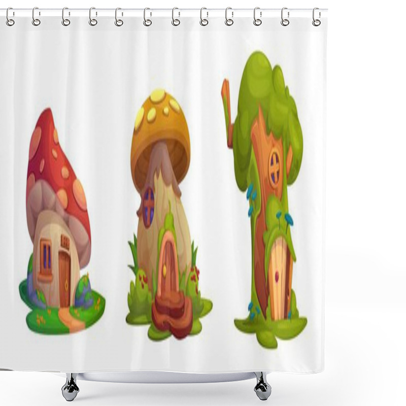 Personality  Cute Fairy Tale Mushroom Gnome Or Elf House Vector Set. Fantasy Fairytale Forest Building For Magic Dwarf Or Hobbit With Window, Fungus Roof And Porch. Isolated Vegetable Village Cottage Illustration Shower Curtains