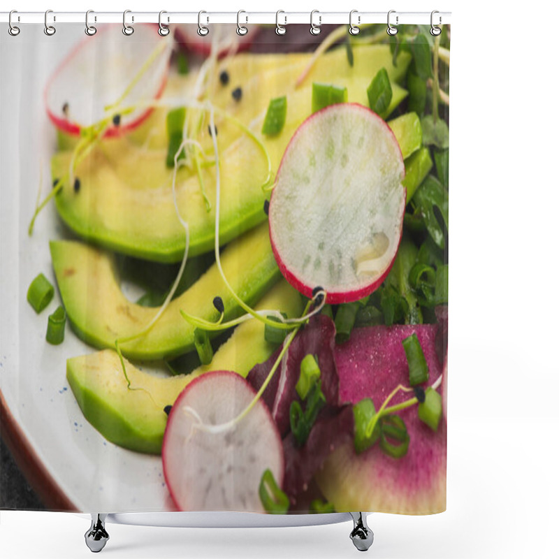 Personality  Close Up View Of Fresh Radish Salad With Greens And Avocado Shower Curtains