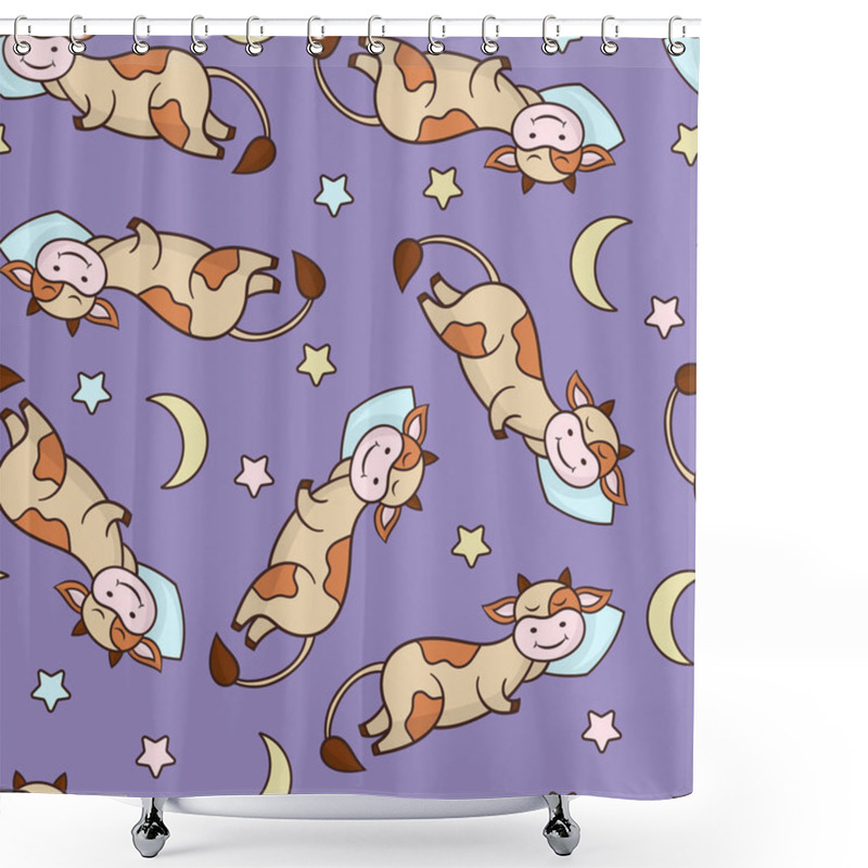 Personality  Vector Seamless Pattern With A Funny Cute Cartoon Cow Sleeping On A Pillow, On A Purple Background Shower Curtains