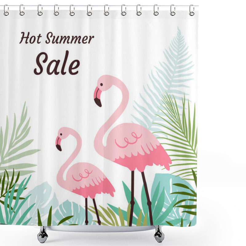 Personality  Summer Sale Web Banner With Pink Flamingos And Palm Leaves Shower Curtains