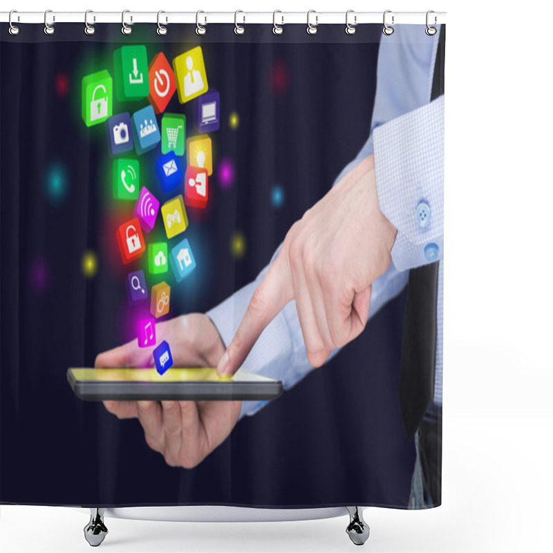 Personality  Businessman Holding A Tablet Pc With Mobile Applications Icons On Virtual Screen . Internet And Business Concept. Shower Curtains