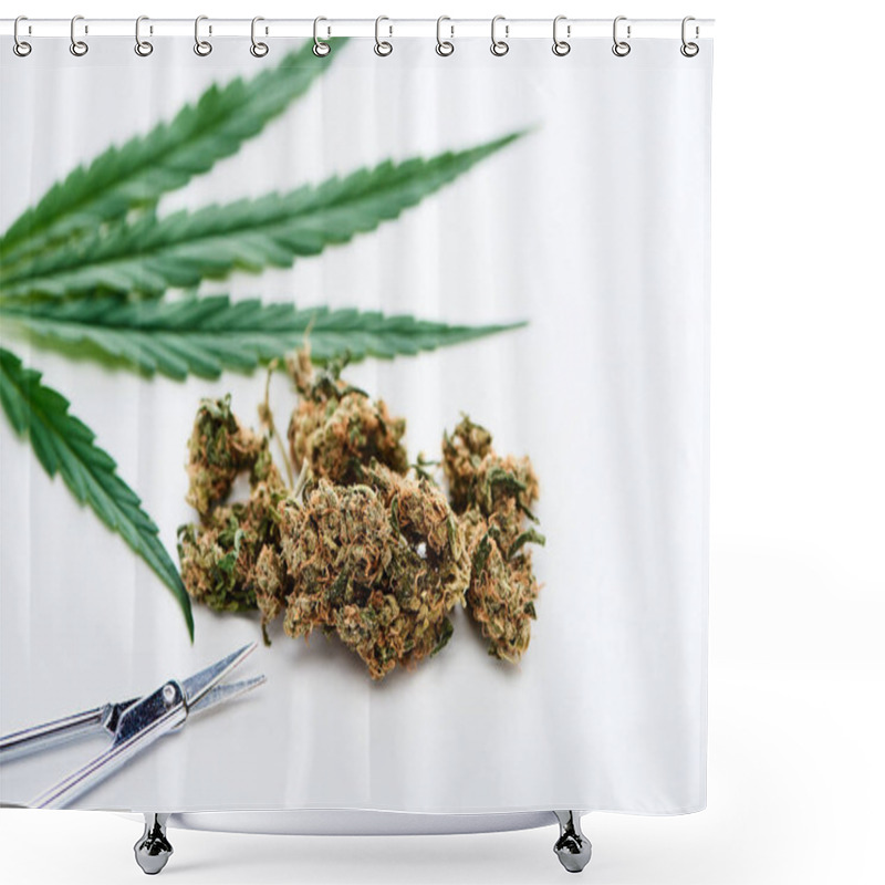 Personality  Selective Focus Of Scissors, Green Cannabis Leaf And Marijuana Buds On White Background Shower Curtains