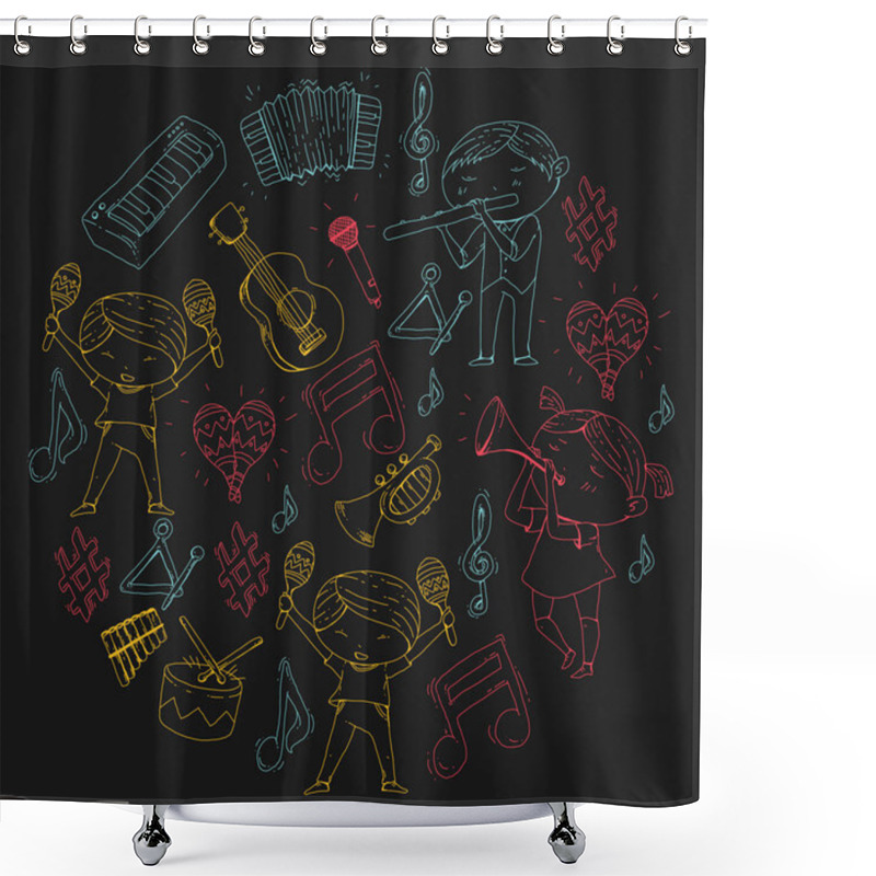 Personality  Vector School Of Music Musical Theatre Kindergarten Children With Music Instruments Drum, Flute, Accordion, Trumpet, Piano Music Perfomance And School Age Kids Children Orchestra Shower Curtains