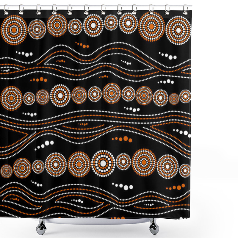 Personality  Australian Aboriginal Seamless Vector Pattern With White And Orange Dotted Circles, Rings And Crooked Stripes On Black Background Shower Curtains