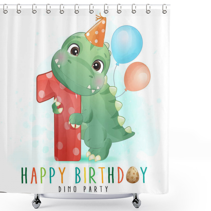 Personality  Cute Dinosaur Birthday Party With Numbering Illustration Shower Curtains