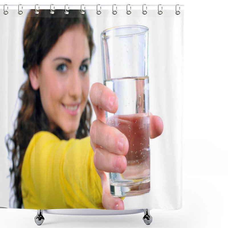 Personality  Portrait Of Attractive Caucasian Smiling Woman Isolated On White Studio Shot Drinking Water Shower Curtains