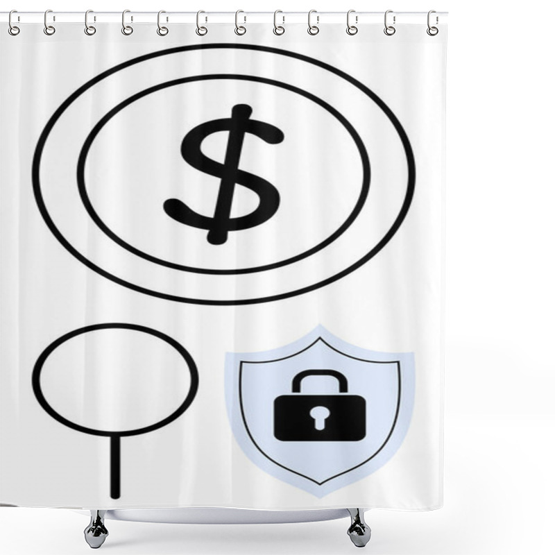 Personality  Large Dollar Coin, Circular Magnifying Glass, And Shield With Lock Symbol Emphasizing Financial Protection And Analysis. Ideal For Finance, Security, Investigation, Savings, Protection, Online Shower Curtains