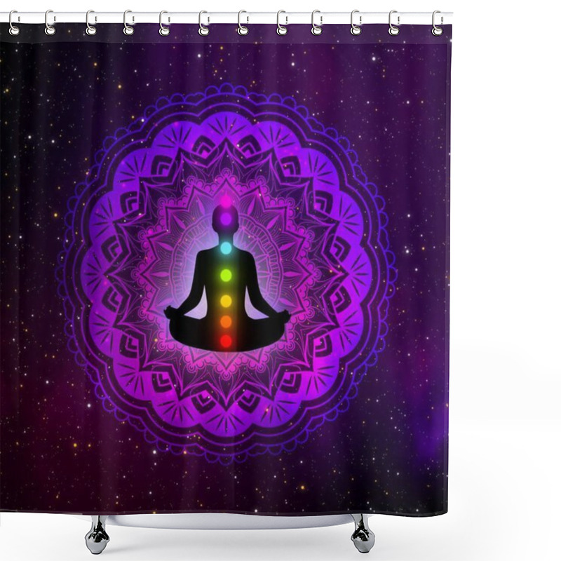 Personality  Abstract Meditation Man With Seven Chakras And Mandala In The Galaxy Illustration Design Background. Shower Curtains