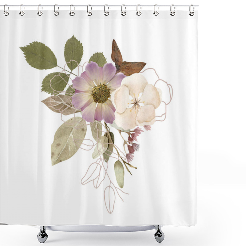 Personality  Flowers Composition - Bouquet, Arrangement - Hand Painted Illustration With Real Dry Flowers - Herbarium Shower Curtains