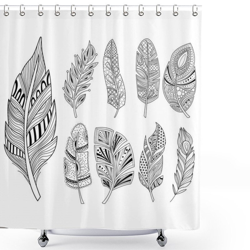 Personality  Ornamental Feathers In Handdrawn Style. Vestor Illustration Set Shower Curtains