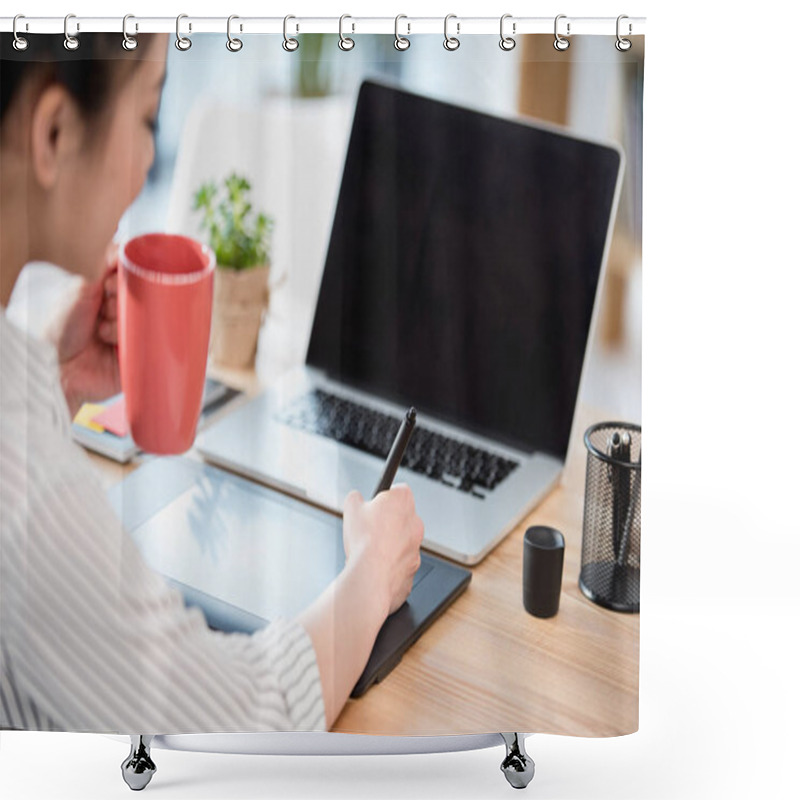 Personality  Asian Designer Drinking Coffee While Working Shower Curtains