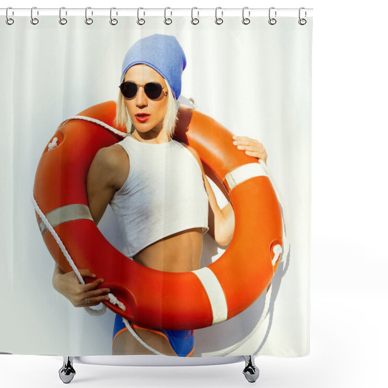 Personality  Glamorous Blonde With Life Buoy. Fashion Marine Style Shower Curtains