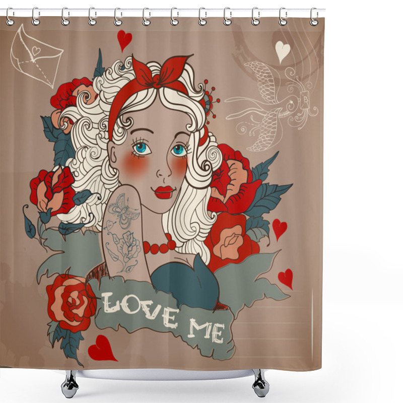 Personality  Old-school Styled Tattoo Woman With Flowers Shower Curtains