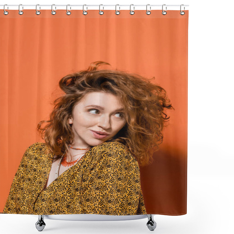 Personality  Astonished Young Red Haired Woman In Yellow Blouse With Abstract Pattern And Necklaces Looking Away And Standing On Orange Background, Stylish Casual Outfit And Summer Vibes Concept, Youth Culture Shower Curtains