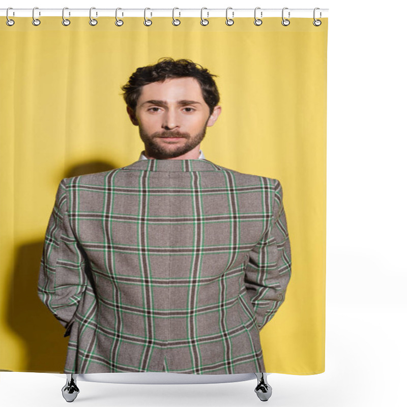 Personality  Bearded Man Wearing Jacket Backwards On Yellow Background  Shower Curtains