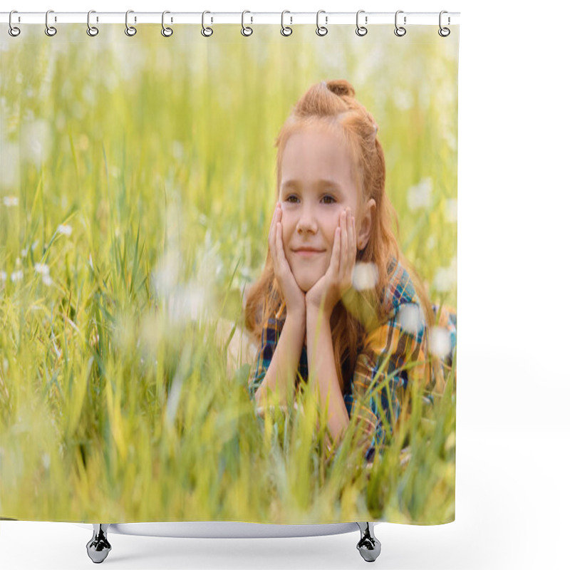 Personality  Portrait Of Little Smiling Child Resting On Green Grass In Meadow Shower Curtains