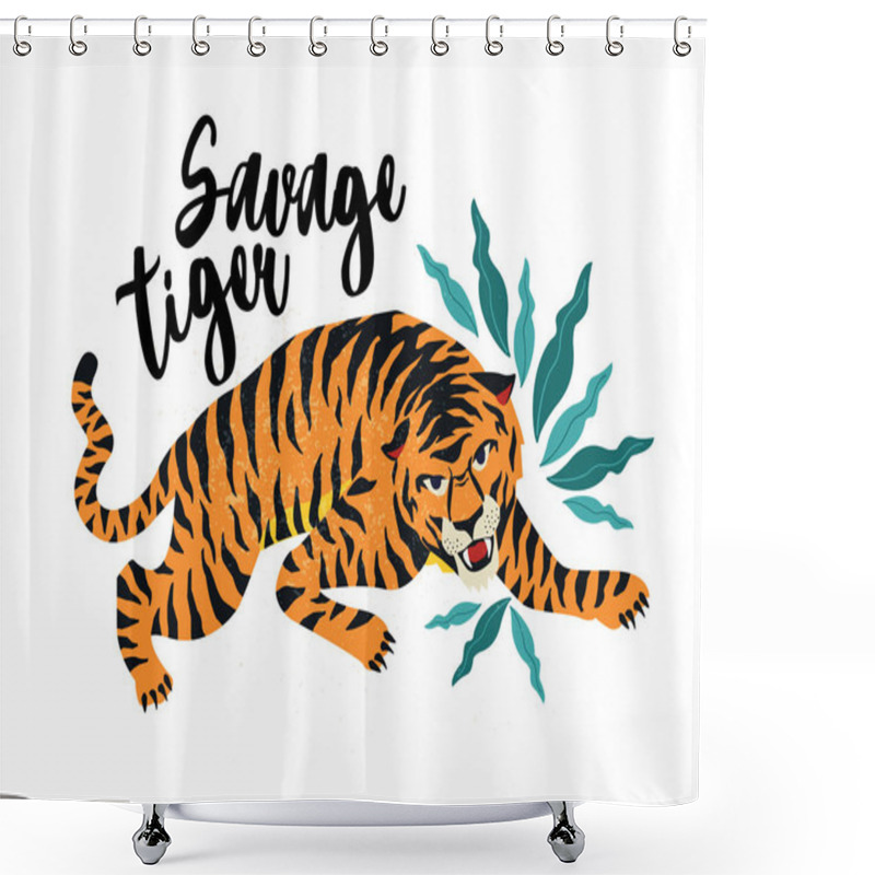 Personality  Savage Tiger. Vector Illustration Of Tiger With Tropical Leaves. Trendy Design For Card, Poster, Tshirt. Shower Curtains