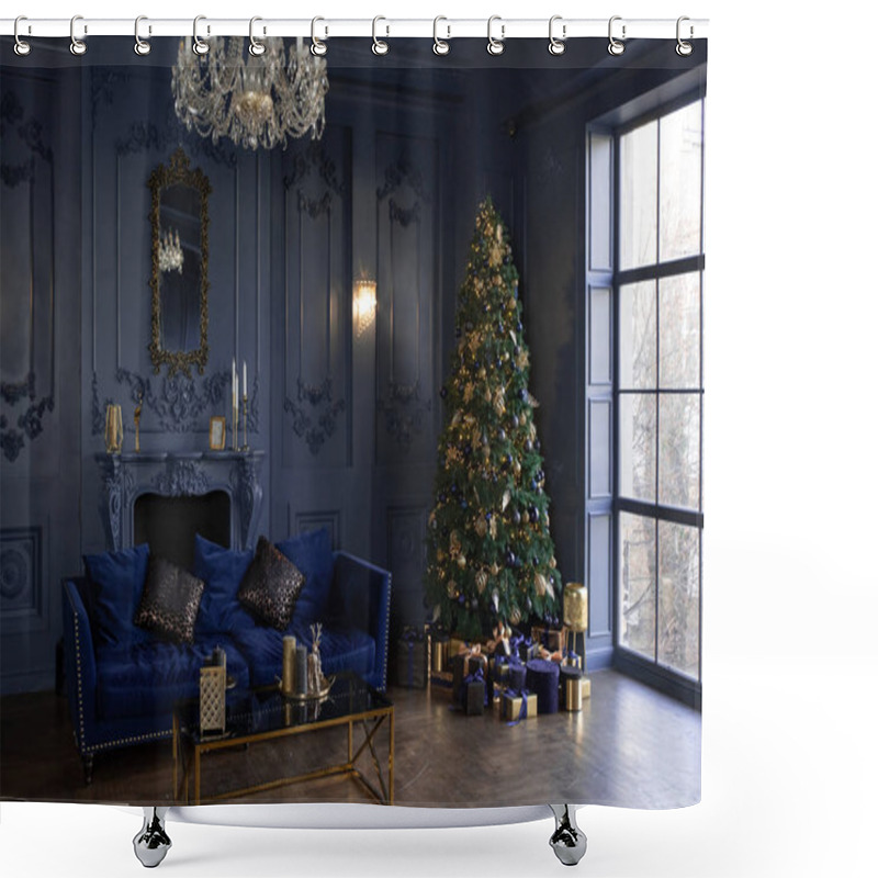 Personality  Large Living Room With Panoramic Windows And Blue Walls. Christmas Decor In The Hall. Christmas Tree Shower Curtains