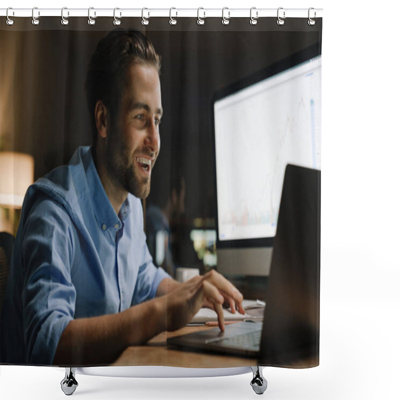 Personality  Young Man Working With Laptop And Computer While Sitting At Desk In Office Shower Curtains