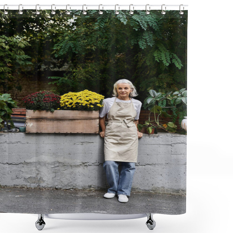 Personality  A Cheerful Woman Stands Beside Blooming Flowers, Enjoying The Outdoors In Her Garden Space. Shower Curtains