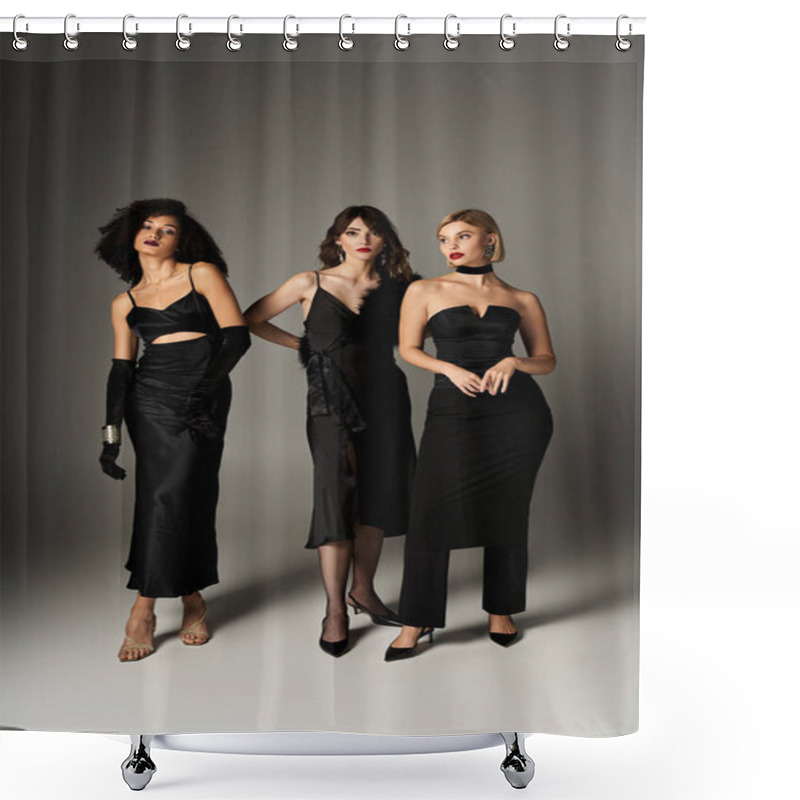 Personality  Three Young Women Of Different Ethnicities, Stylishly Dressed In Black, Stand Together Elegantly Against A Grey Backdrop. Shower Curtains