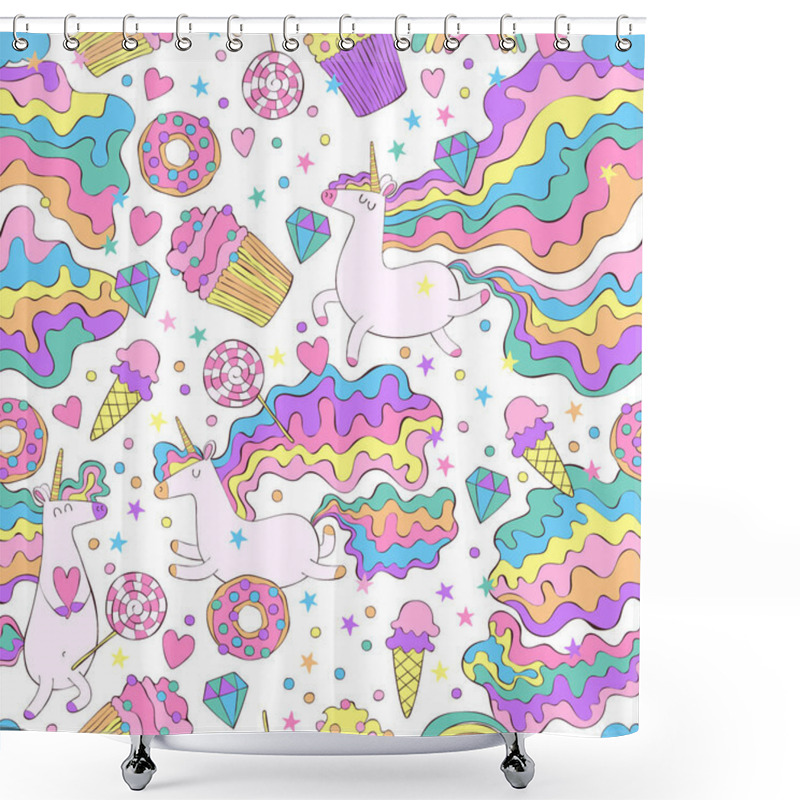 Personality  Unicorn And Sweets. Donut, Cupcakes, Candy. Rainbow, Stars, Hearts. Seamless Vector Pattern (background). Cartoon Print. Shower Curtains