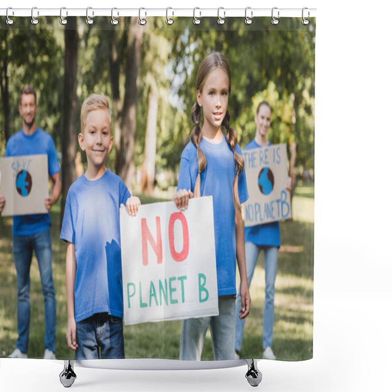 Personality  Children Holding Placard With No Planet B Inscription Near Parents With Posters On Blurred Background, Ecology Concept Shower Curtains