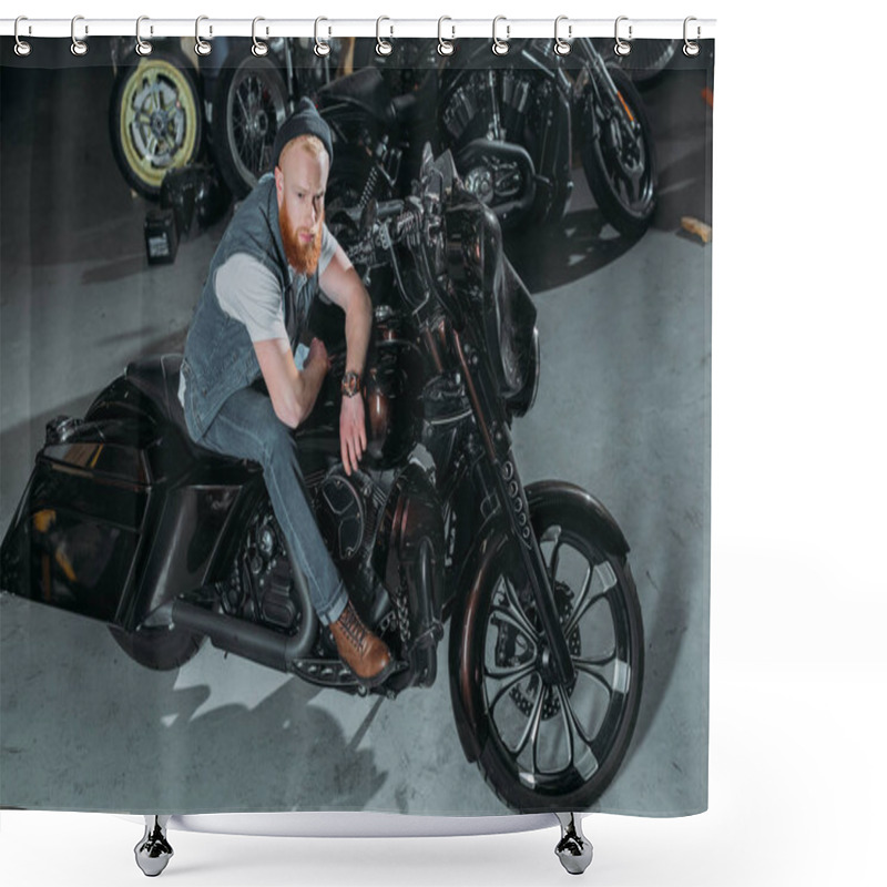 Personality  High Angle View Of Handsome Young Man On Bike At Garage And Looking At Camera Shower Curtains