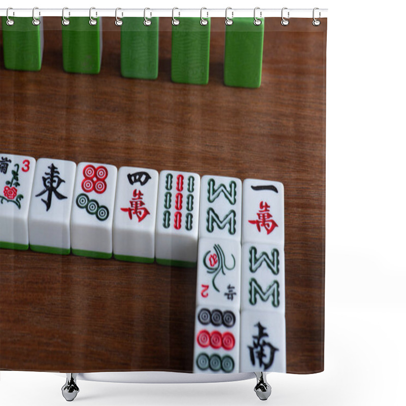 Personality  KYIV, UKRAINE - JANUARY 30, 2019: Mahjong Game Tiles With Signs And Characters On Wooden Table Shower Curtains