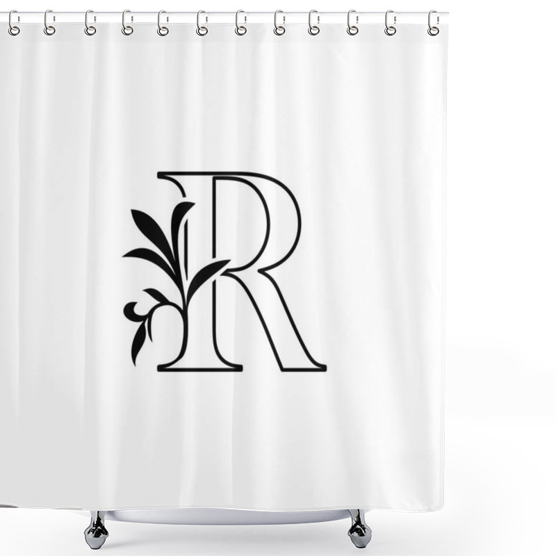 Personality  Outline Floral Leaves Letter R Luxury Logo Icon, Black And White Vector Design Concept Nature Leaf For Initial. Shower Curtains