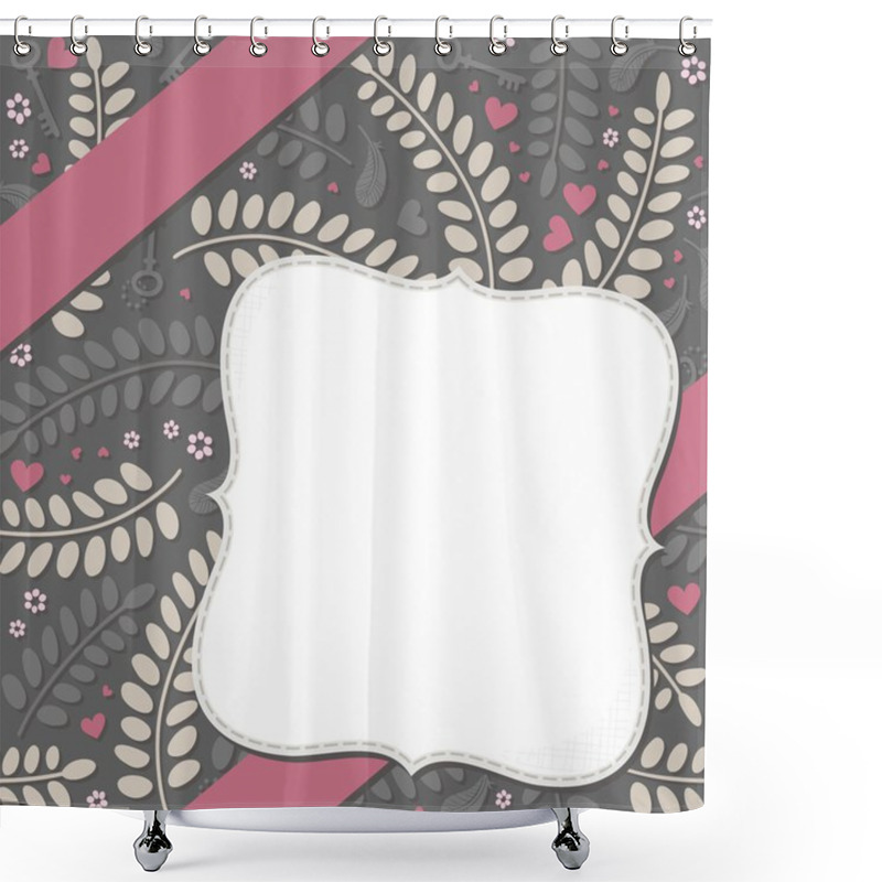 Personality  Colorful Little Hearts Flowers Leaves Keys And Feathers Lovely Messy Elements On Dark Background Romantic Wedding Engagement Valentine's Day Card With Ribbon And Blank Frame With Place For Your Text Shower Curtains