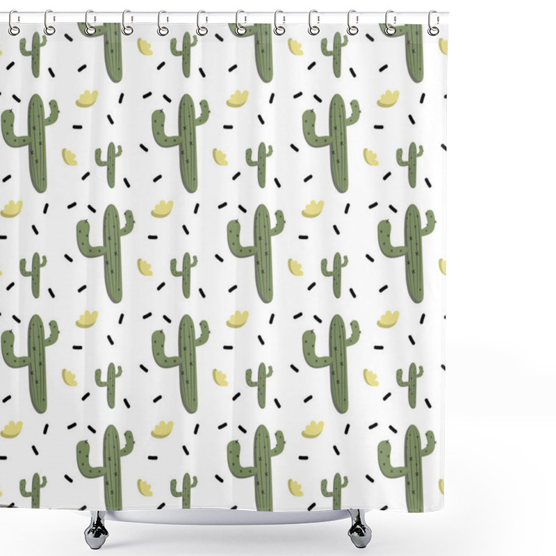 Personality   Vector Ornament With Cactus And Yellow Flowers In Doodle Style. Hand Drawn Cactus. Pattern Shower Curtains